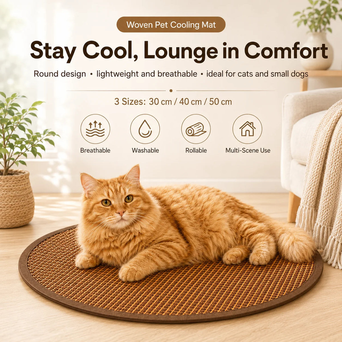 Pet Cooling Mat for Cats Round Woven Summer Sleeping Pad Breathable Washable Cat Bed Mat for Indoor Pets