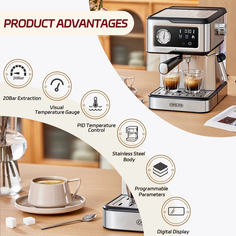 Cafelffe Espresso Coffee Machines Stainless Steel with Milk Frother Steam Wand Semi-Automatic Cappuccino Maker 20Bar Cafetera