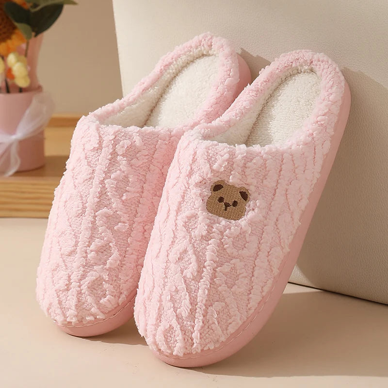 Cozy Cartoon Bear Home Slippers for Women 2025 Winter Plush Warm Flat Cotton Shoes Woman Non Slip Unisex Indoor Bedroom Slippers