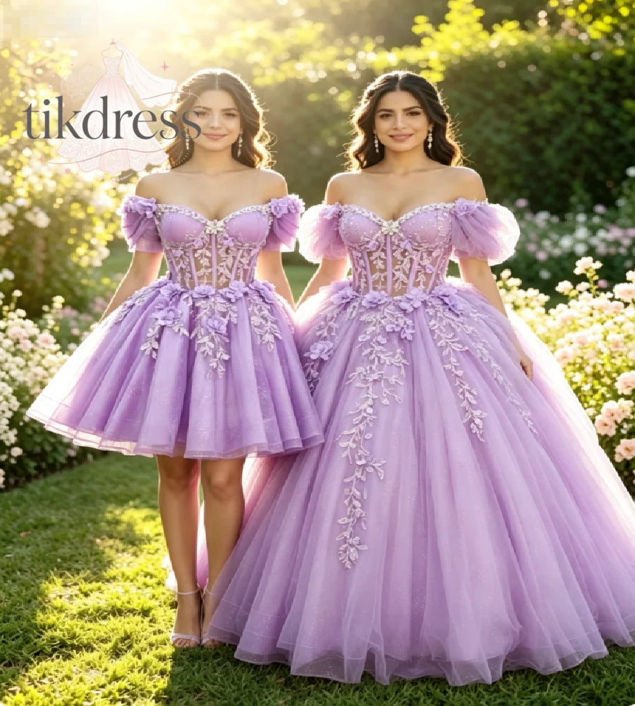 Lavender Vestidos De 15 Quinceañera Off Shoulder 3D Floral Ball Gown 2 In 1 Short  Vestidos De 15 Años Xv Sweet 16 Party Sparkly