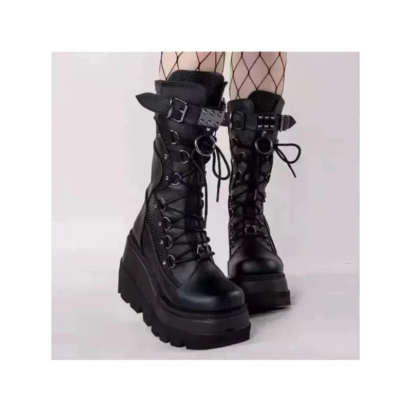 Women High Boots Cosplay Mid-calf Boots High Platform Wedges Boots 2023 Autumn Winter New Designer Gothic Shoes for Women Botas
