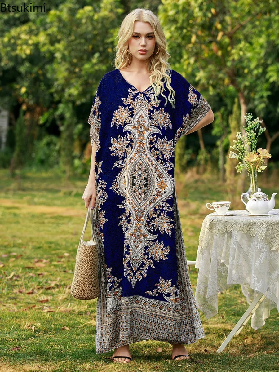 Bohemian V-neck Vacation Dresses for Women Summer Loose Casual Beach Dress Sunscreen Ethnic Printed Long Dress Middle East Robe