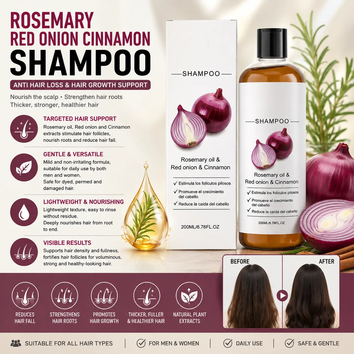 Rosemary Red Onion Cinnamon Shampoo,Anti Hair Loss Treatment for Thicker Stronger Hair, Scalp Nourishing Volumizing Care 200ml