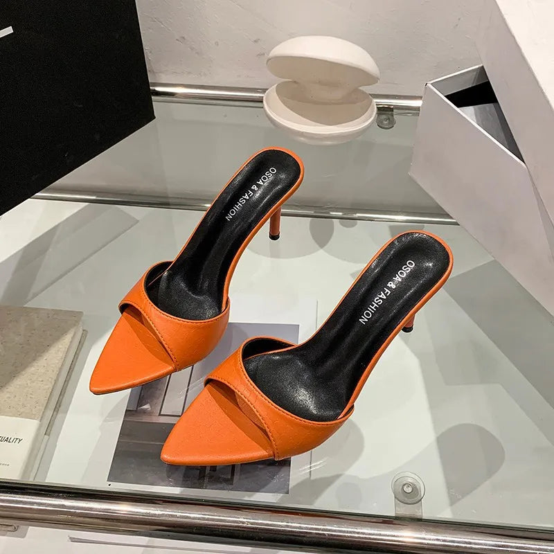 Thin High Heel Summer Women Slippers Fashion Pointed Toe Dress Slides Ladies Sexy Stripper Party Mule Shoes Zapatos Mujer