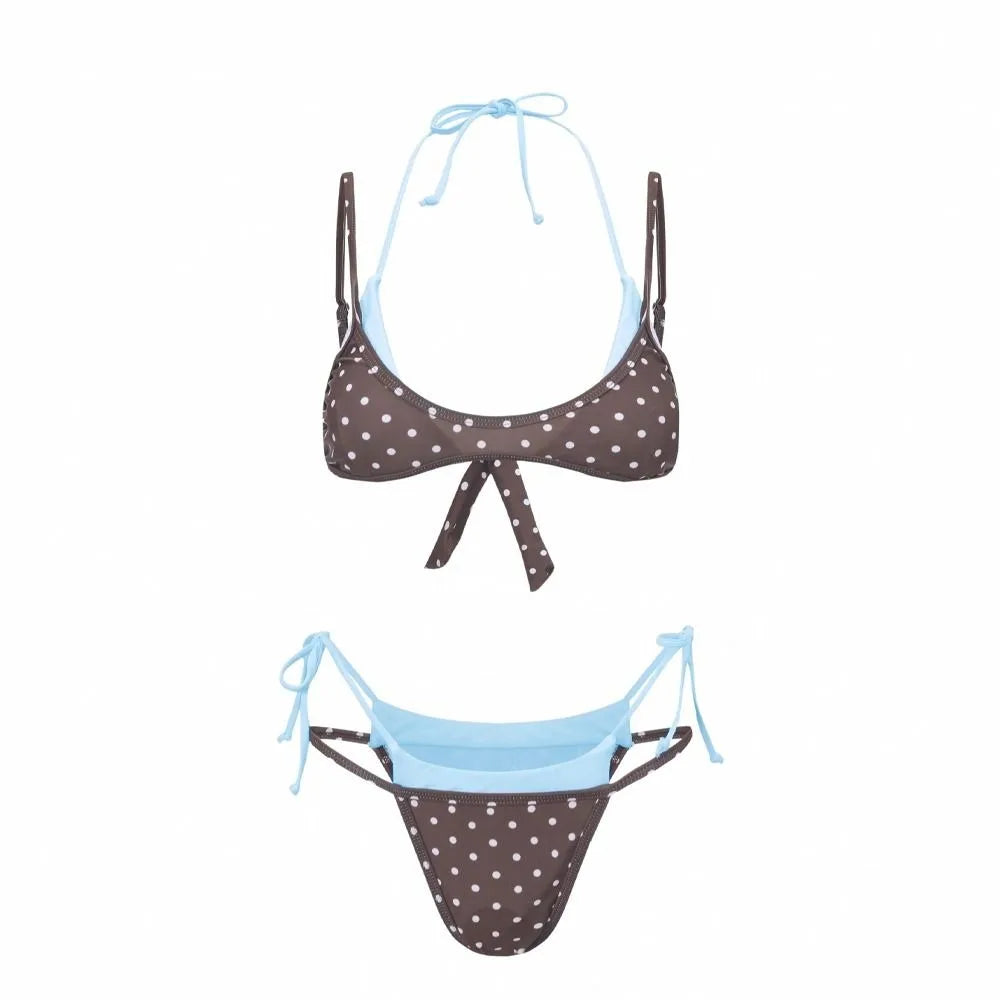 Bathing Suits Polka Dot Halter Bikini Set Deep V Low Waist Ladies' Swimwear Lace-up Patchwork Summer Beachwear Vacation