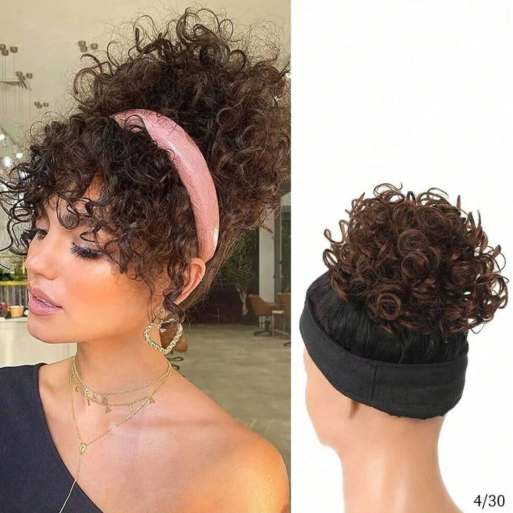 Messy Curly Hair Bun Scrunchies Extensions Synthetic Drawstring Ponytail Light Brown Large Thick Updo Hair Pieces For Women