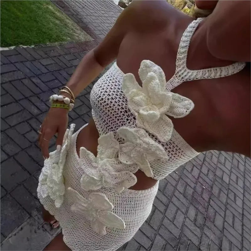 Vintage Dresses 2025 Woman Sexy Vestidos Fresh And Sweet Beachwear Waist Hollow Vacation Holiday Beach Solid Color Neck Halter