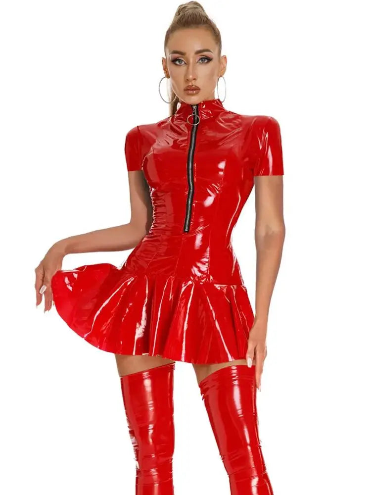 New Short Sleeve Wet Look PVC Dresses Shiny PU Leather A-line Hot Dress Zipper Sexy Clubwear Vestido Minifalda Miniskirt Robe