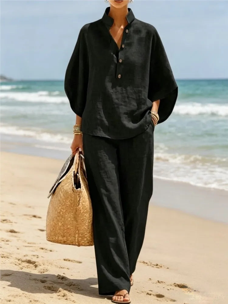 New Women's Casual Shirt Suit Fashion Elegant Balck Holiday Party 2 Piece Set Wide Leg Trousers 2-piece Set Retro Female Office