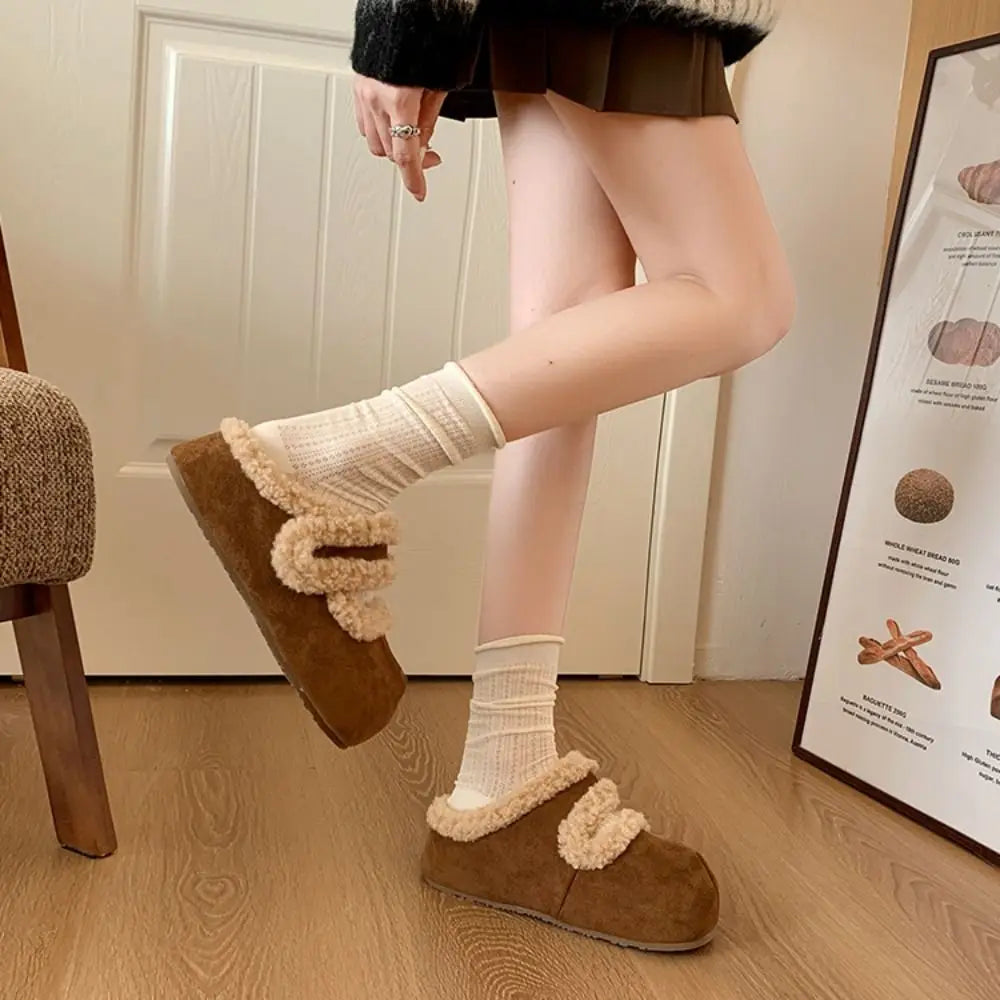Comfortable Round Head Suede Warm Slippers Anti-slip Soft Coral Fleece Slippers Thick Bottom Casual Retro Winter Shoes Women