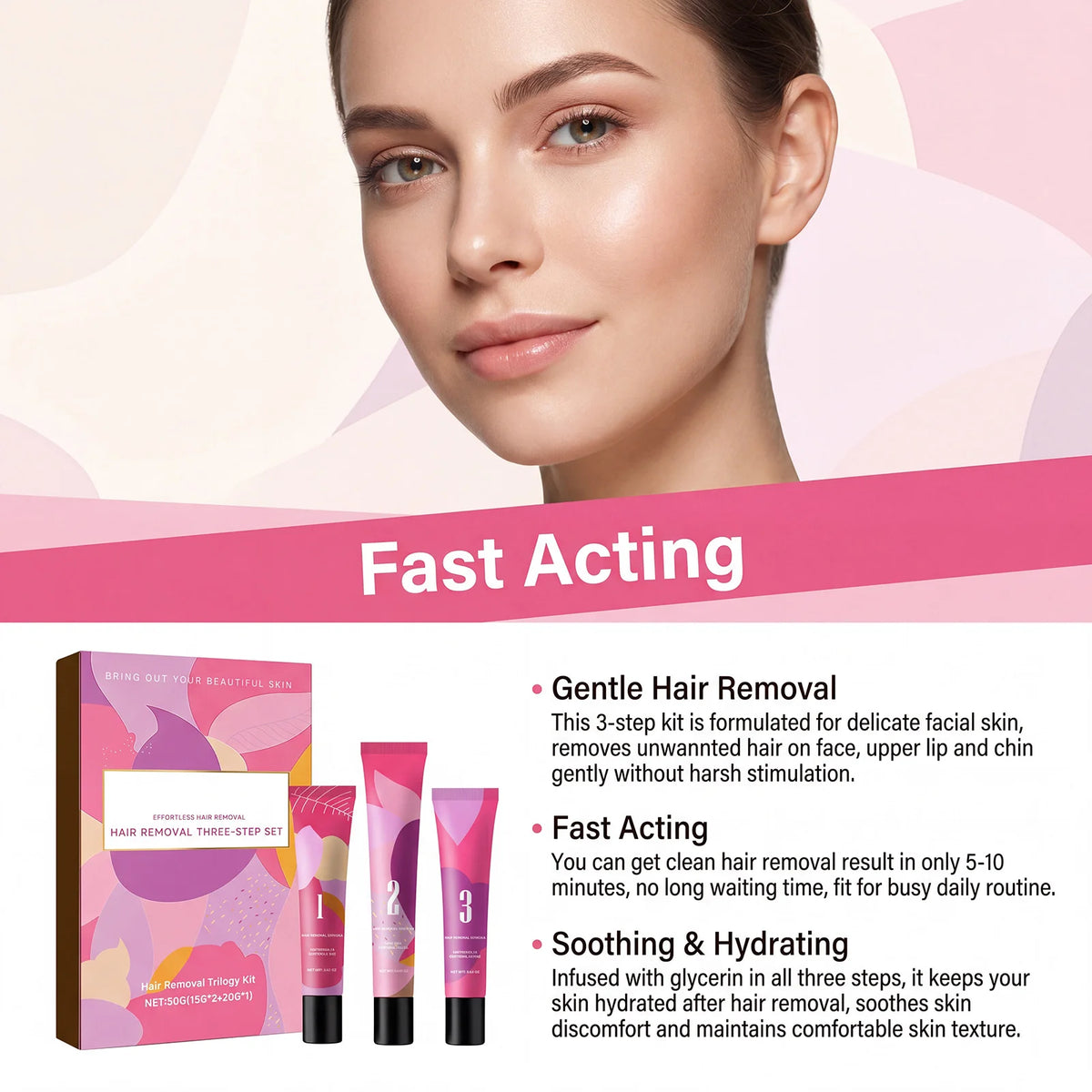 3Step Hair Removal Trilogy Kit Gentle Facial Depilatory Set Painless Hair Remover Soothing Lotion Cream With Softening Gel