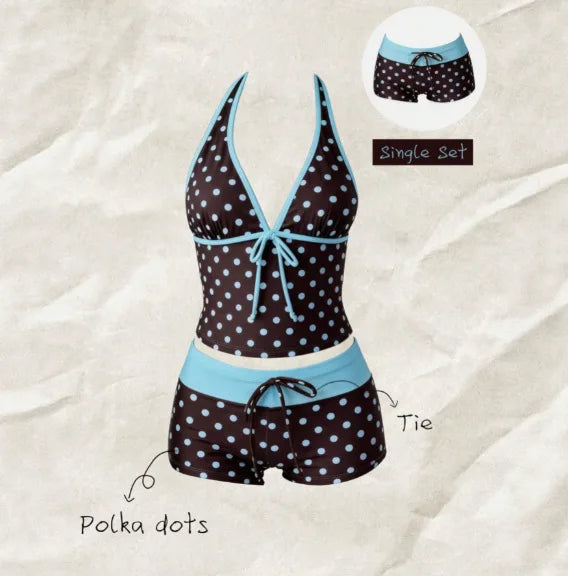 Women Beach Style Bikini Swimwears 2-Piece Tankini Suits Halter V-Neck Tie Cami Top Bodycon Contrast Waistband Swim Beachwear