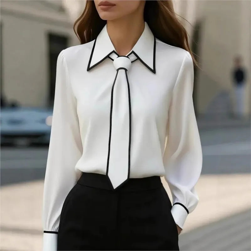 Women's Blouse Fashion Shirt Formal Bow Tie Long-sleeve Contrasting Trim Tops Slim-fit Workwear Elegant Office Lady Shirts Women
