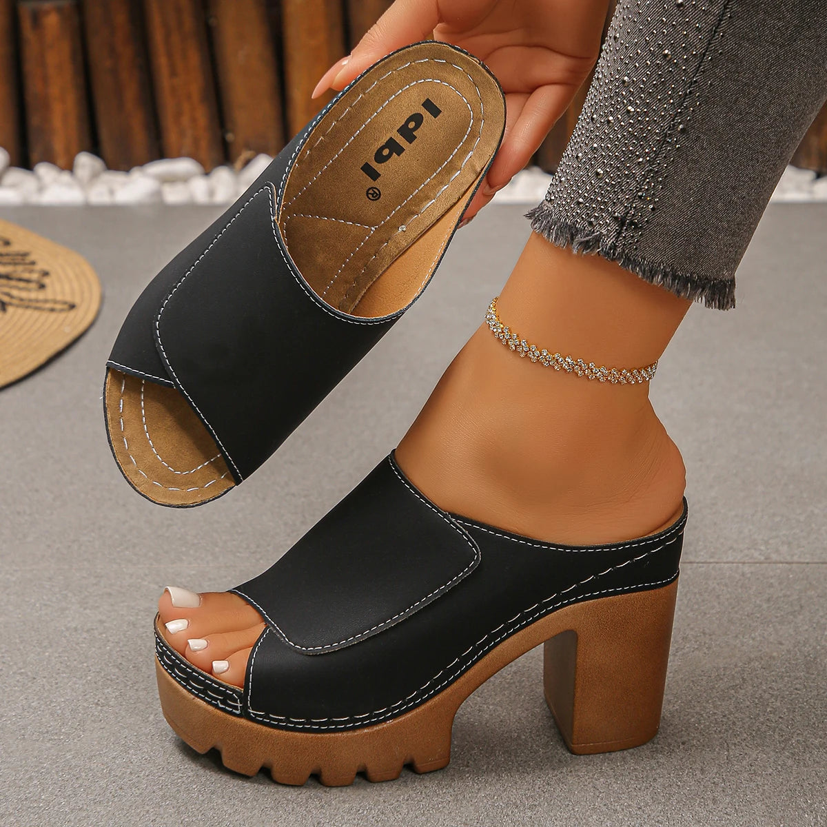 Women Sandals Open-Toe High-Heel Slippers Summer Fashion Outdoor Wear Sandals Slip-On Big Size Shoes Women  Zapatos De Mujer
