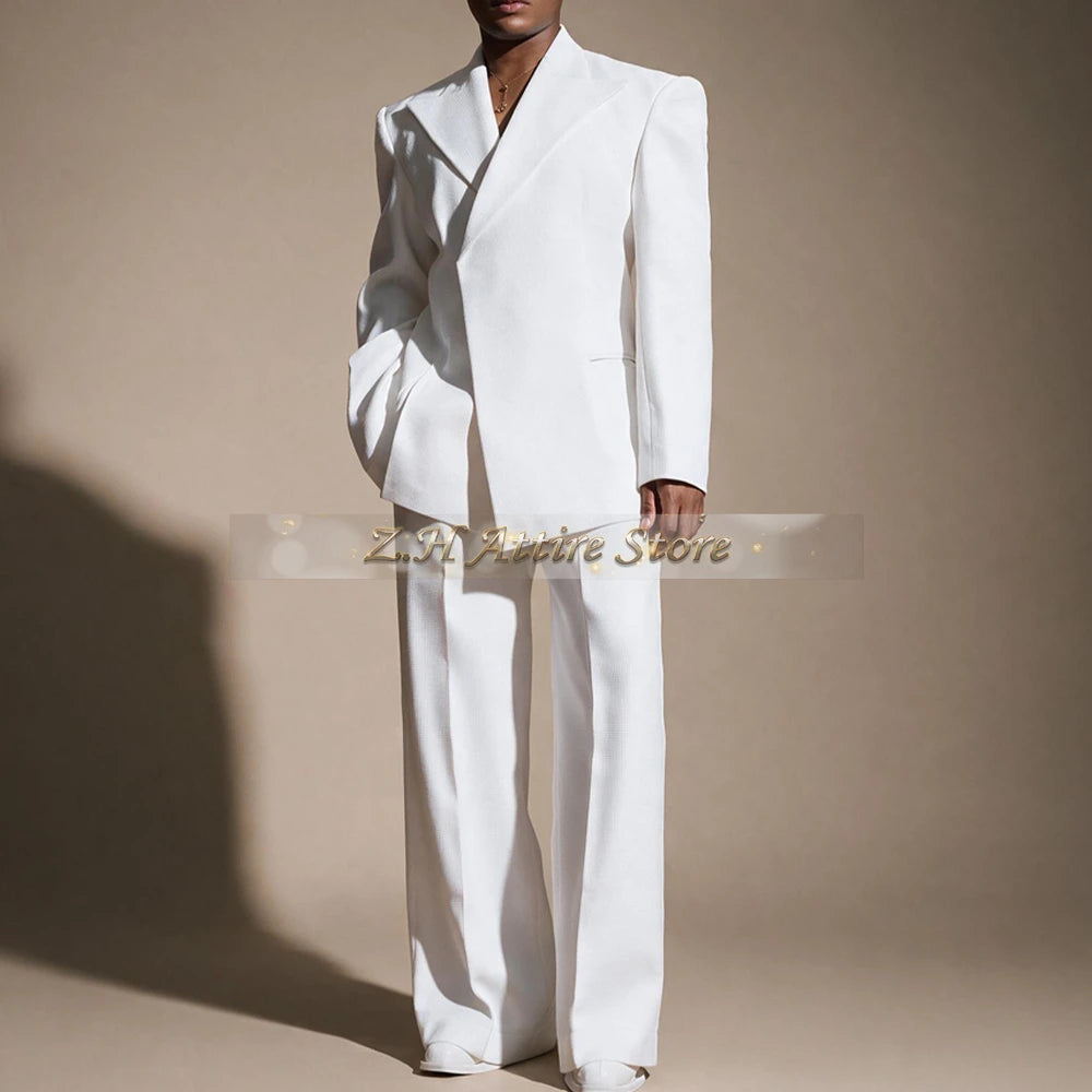 White Wedding Suit for Men 2-piece Set Double Breasted Jacket Wide Leg Pants Custom Slim Fit Prom Party Male Tuxedo
