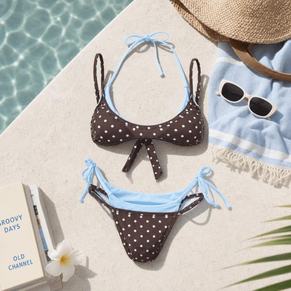 Bathing Suits Polka Dot Halter Bikini Set Low Waist Lace-up Summer Beachwear Deep V Patchwork Women Swimsuits Casual