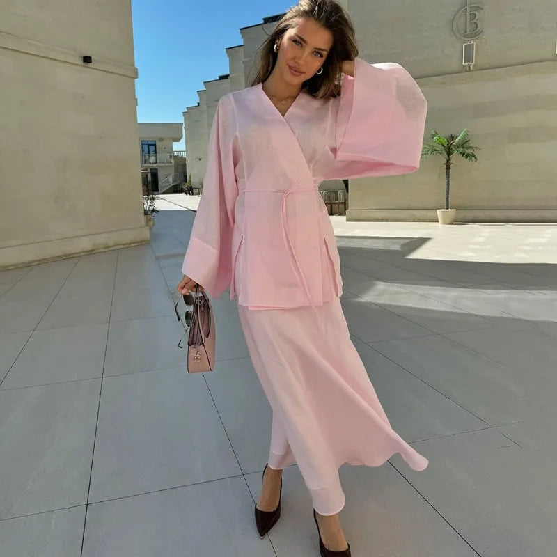 Tuularos Casual Dress Set Solid V Neck Lace-up Long Sleeve Cardigan High Waist Skirt Set Loose Vacation Fashion Women Dress Sets