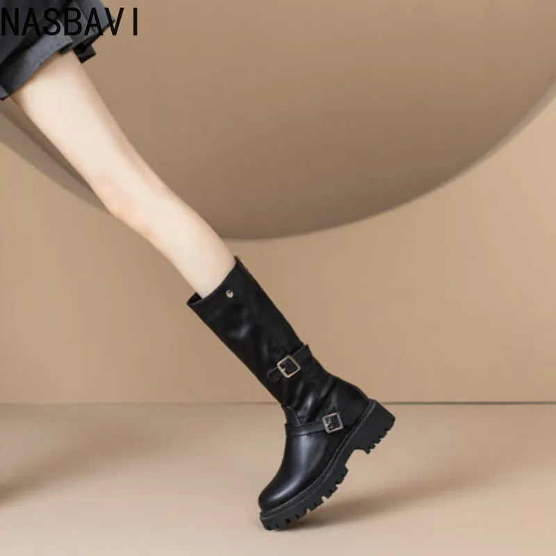 NASBAVI Botas De Mujer 2025 New Thick High Heels Black Knee- High Boots Women Autumn Winter Platform Gothic Shoes Big Size 34-44