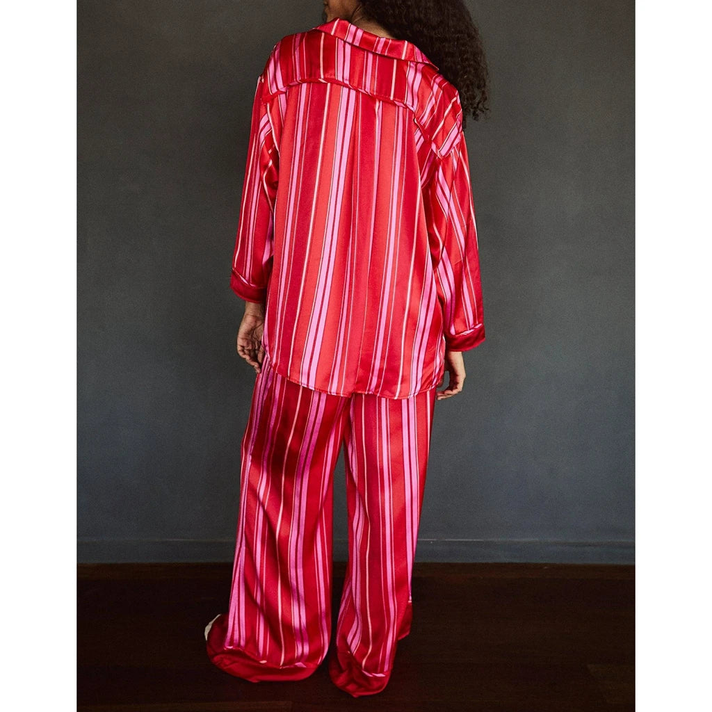 Silk Satin Pajamas Set for Women 2 Piece Floral Loose Pjs Wide Leg Sleep Loungewear Pants with Long Sleeve Button down Shirts
