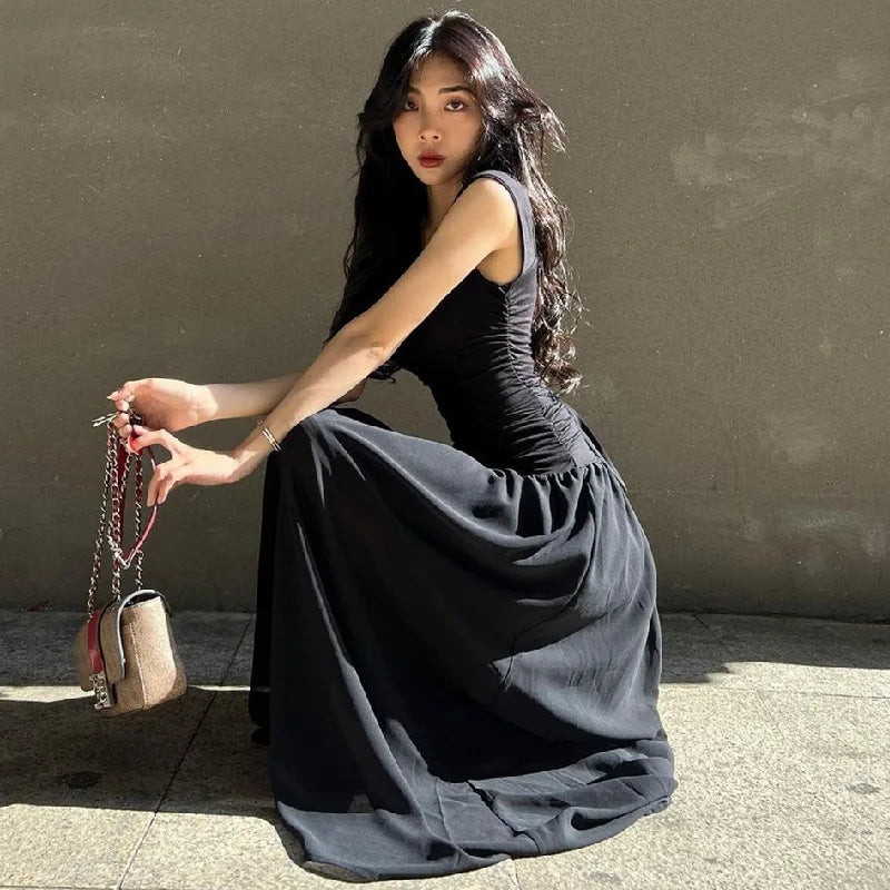 Elegant Slip Long Dresses Sexy Women Ruched Bodycon Solid Maxi Dress Spring Y2K Summer Temperament High-waist Vestidos