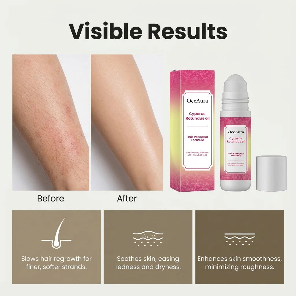 Cyperus Rotundus Hair Removal Care Oil - Anti Hair Growth Inhibitor & Soothing Oil with Roller Ball Post-Shave Skin Hydration