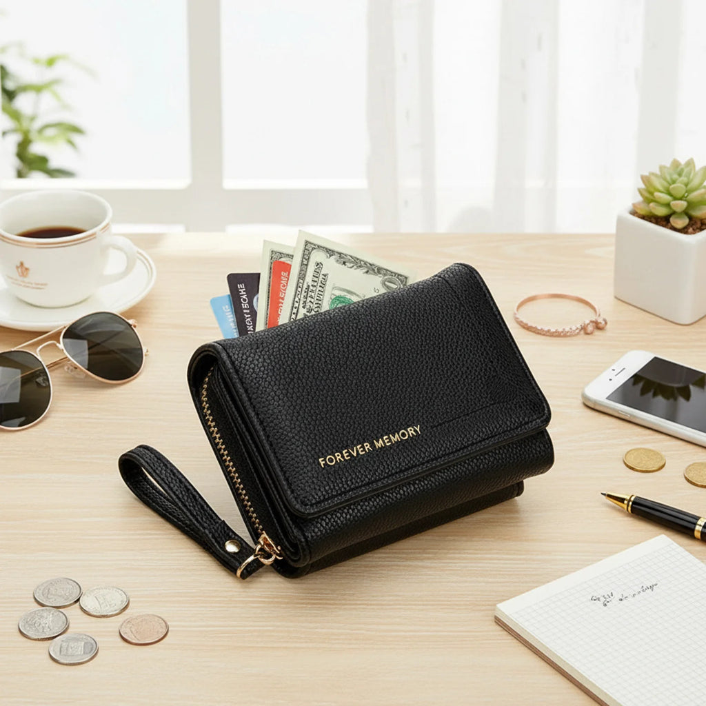 Women Short Tri-fold Wallet with Heart Embroidery Multiple Card Slots Compact Card Holder Lightweight Purse Organizer