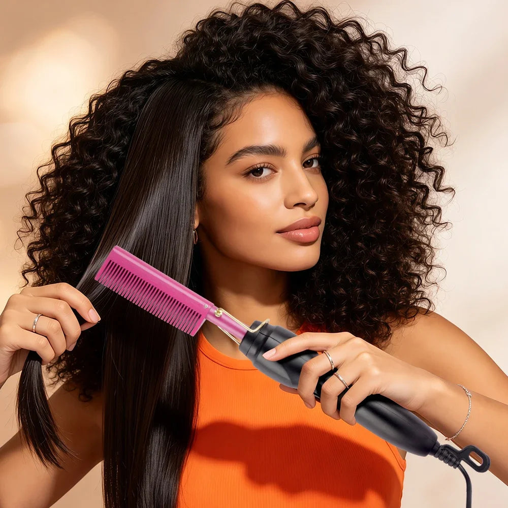 Multifunctional Electric Hot Comb Hair Straightening Brush, Portable Travel Hair Curling Straightening Tool, Plug-in Fast Heat S