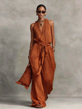 Summer Vestidos Women's Linen Hanging Neck Backless Lace Up Jumpsuit Holiday Sleeveless Solid Color Casual Loose Jumpsuit Dress
