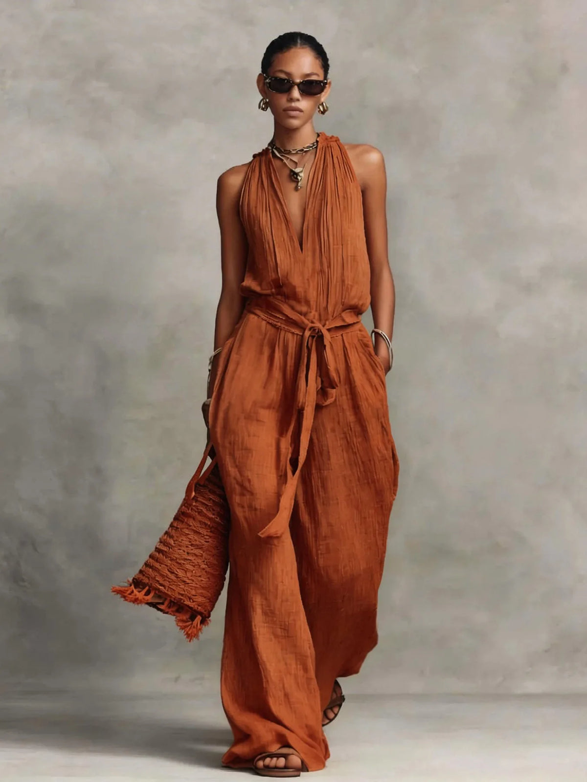Summer Vestidos Women's Linen Hanging Neck Backless Lace Up Jumpsuit Holiday Sleeveless Solid Color Casual Loose Jumpsuit Dress