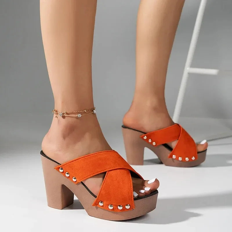 Women Sandals 2024 Summer New Square Platform Flock Casual Rivet Pumps Female Peep Toe Elegant High Heels Shoes Zapatos De Mujer