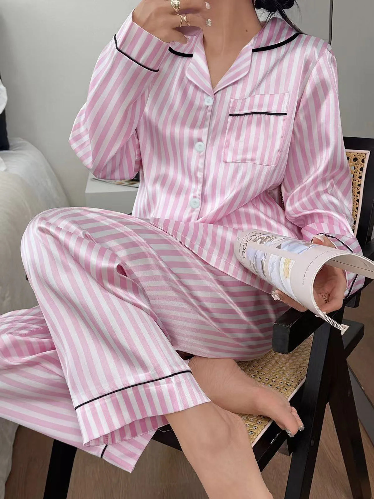 Women Satin Pink Striped Print Pajama Sets Victorian Style Sleep Tops With Pants Comfortable Silk Sleepwear Loungewear 2Pcs