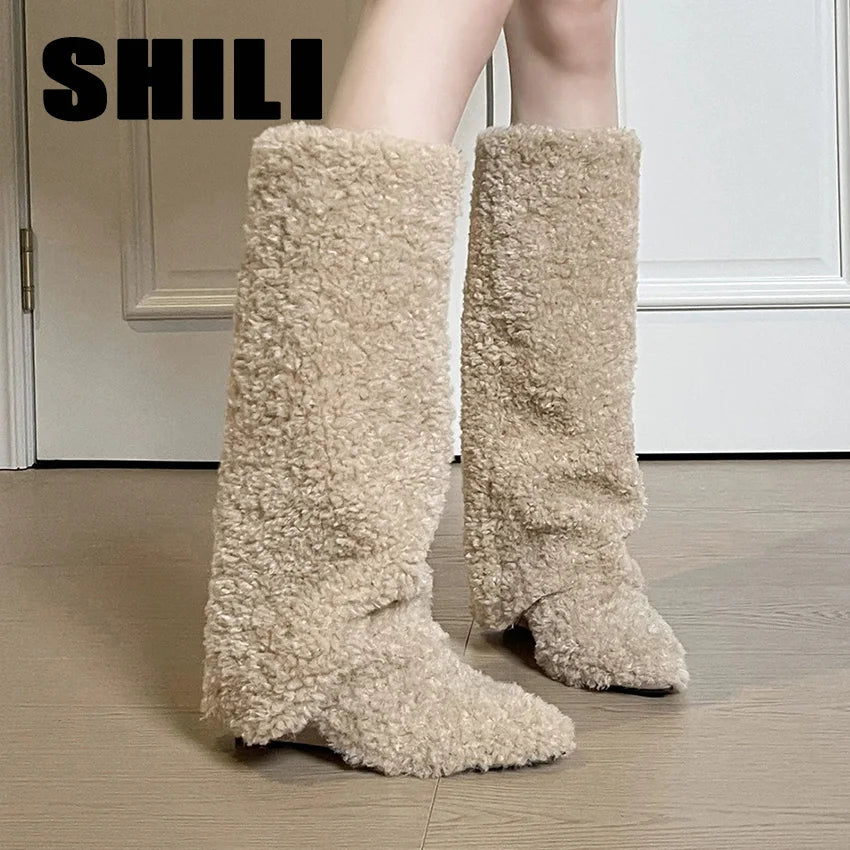botas mujer Lamb's Wool Snow Boots for Women Pointy Toe Wedges Slip On Warm Hotties Knee High Boots  Winter Soft Furry Shoes