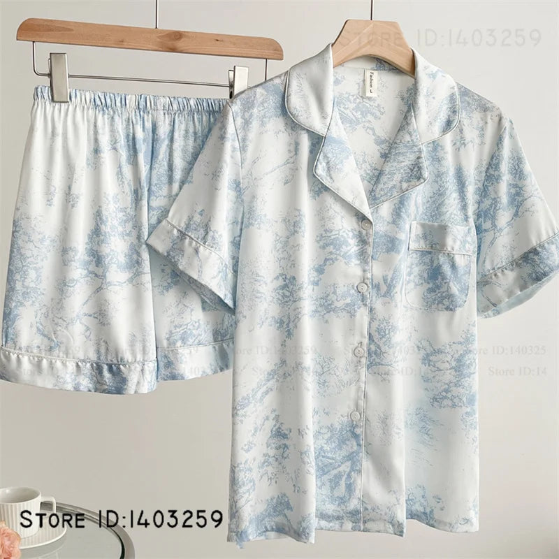 New Women Pijamas Silky Satin 2PCS Pajamas Set Sleepwear Spring Autumn Trouser Lounge Wear Loose Casual Female Homewear Lingerie
