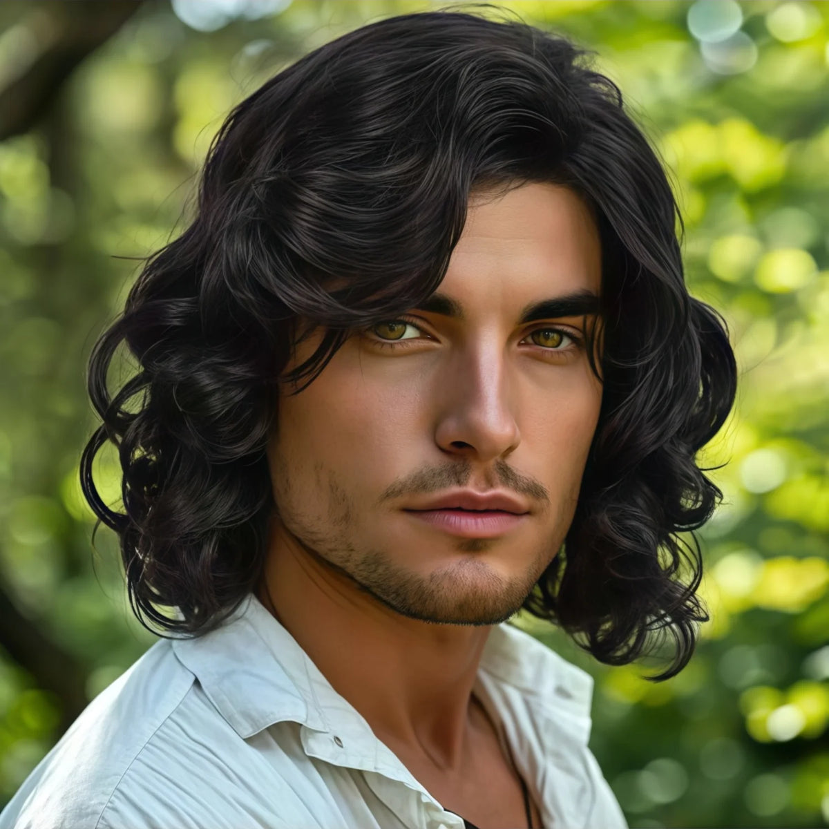 Men's and Women's Medium to Long Wavy Wig with Bangs and Curly Brown Short Curly Synthetic Wig, Natural Wavy Black Brown