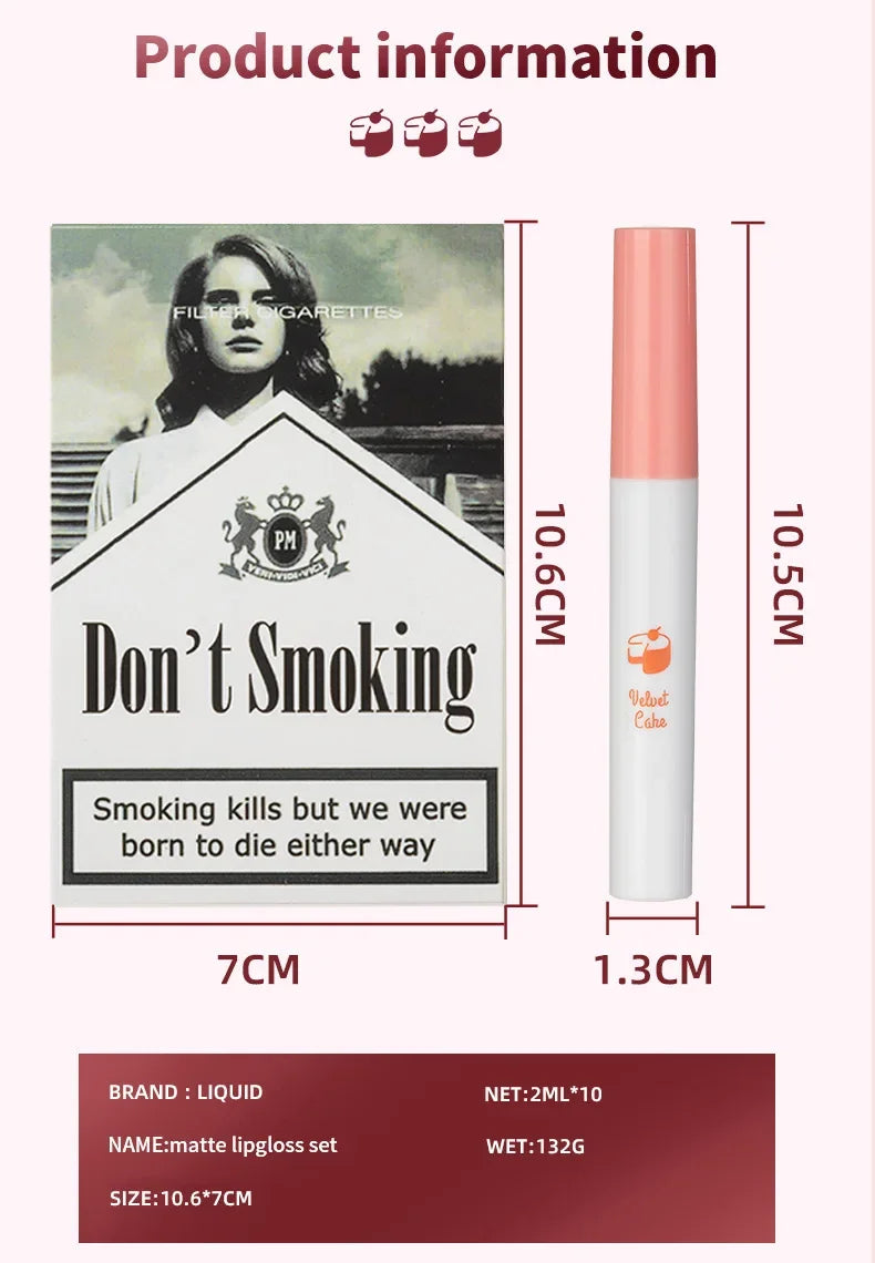 Matte Non-Stick Cup Lip Gloss 10 Sticks Cigarette Tube Lip Glaze Set Liquid Lipstick Velvet European and American Makeup