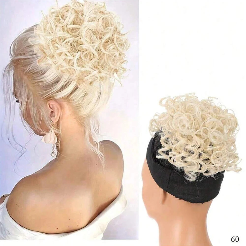 Messy Curly Hair Bun Scrunchies Extensions Synthetic Drawstring Ponytail Light Brown Large Thick Updo Hair Pieces For Women