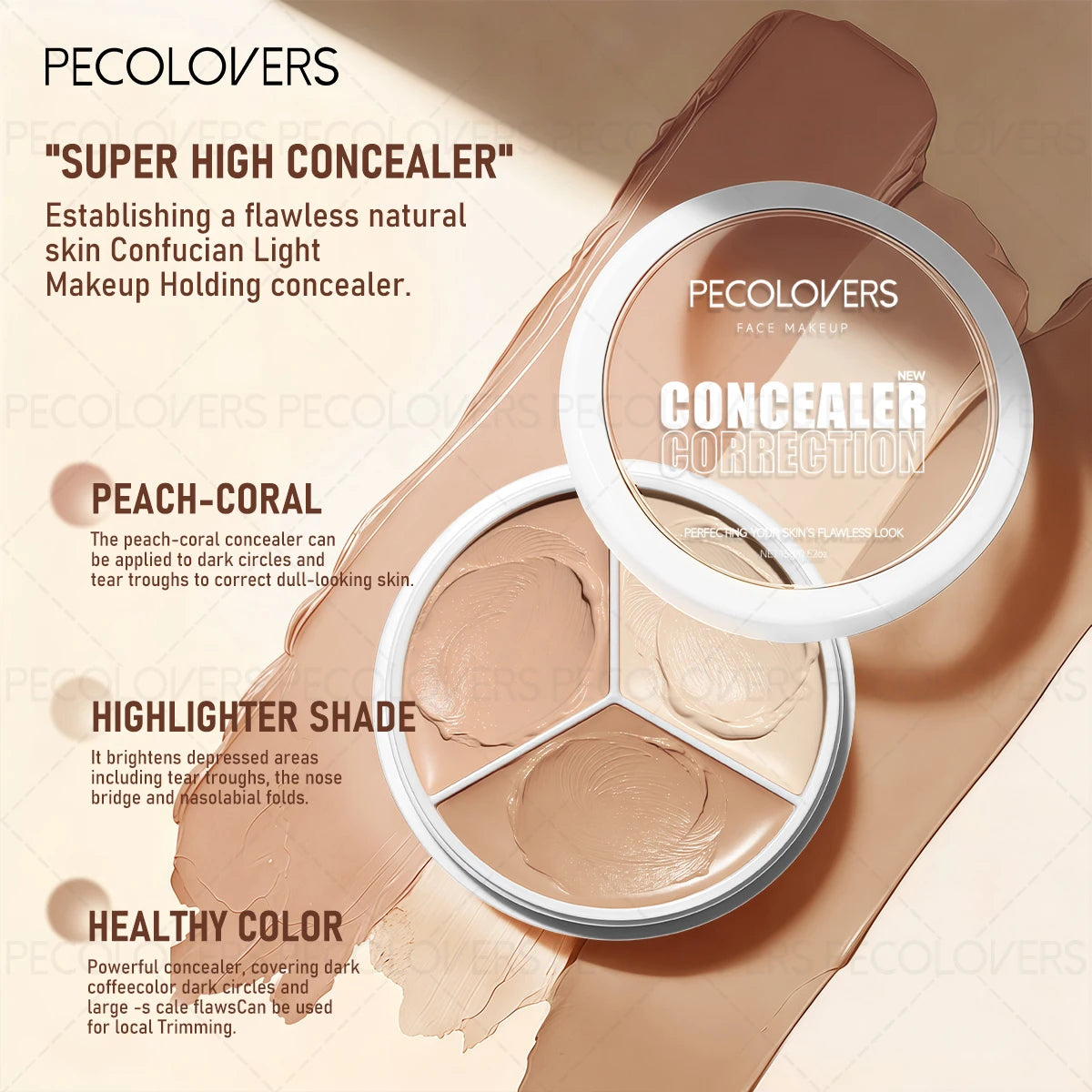 Three-color Facial Concealer, Covering Facial Blemishes and Spots, Waterproof, Long-lasting and Natural, Facial Cosmetics