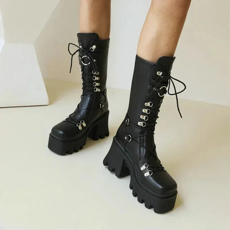 Women High Boots Cosplay Mid-calf Boots High Platform Wedges Boots 2025 Autumn Winter New Designer Gothic Shoes for Women Botas