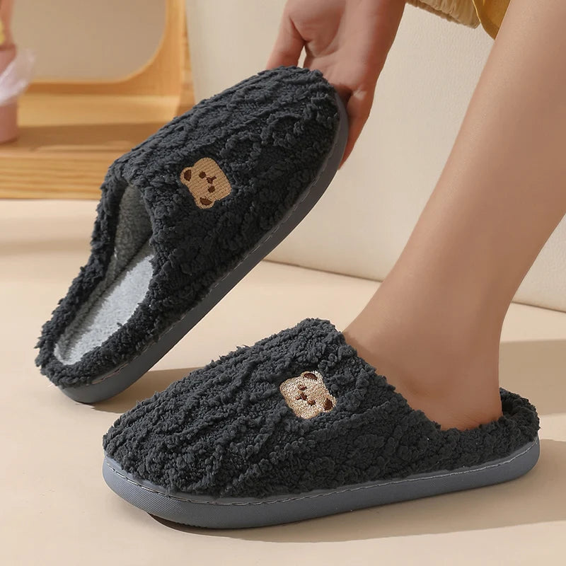 Cozy Cartoon Bear Home Slippers for Women 2025 Winter Plush Warm Flat Cotton Shoes Woman Non Slip Unisex Indoor Bedroom Slippers