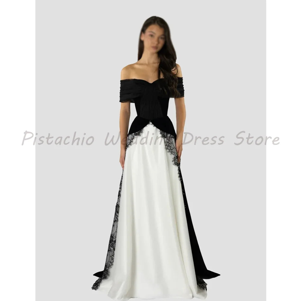 Black White Contrast Evening Dress Off Shoulder Sweetheart Neck Black Lace Trim A‑Line Floor Length Formal Wedding Guest Gown