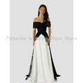 Black White Contrast Evening Dress Off Shoulder Sweetheart Neck Black Lace Trim A‑Line Floor Length Formal Wedding Guest Gown