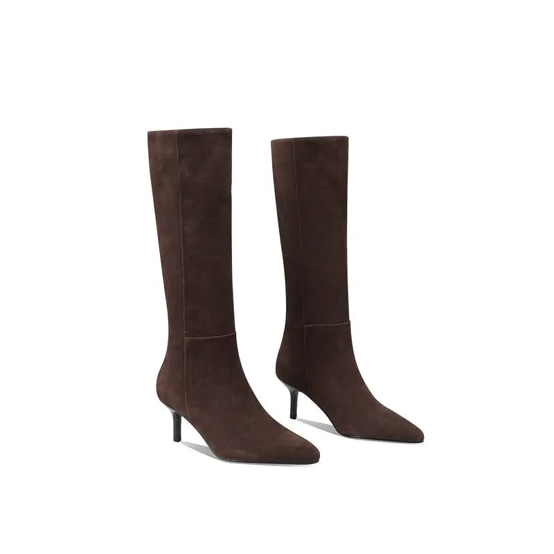 MORAZORA Size 34-42 Cow Suede Leather Stiletto High Heels Handmade Rero Knee High Boots Winter Fashion Casual Botas Ladies Shoes