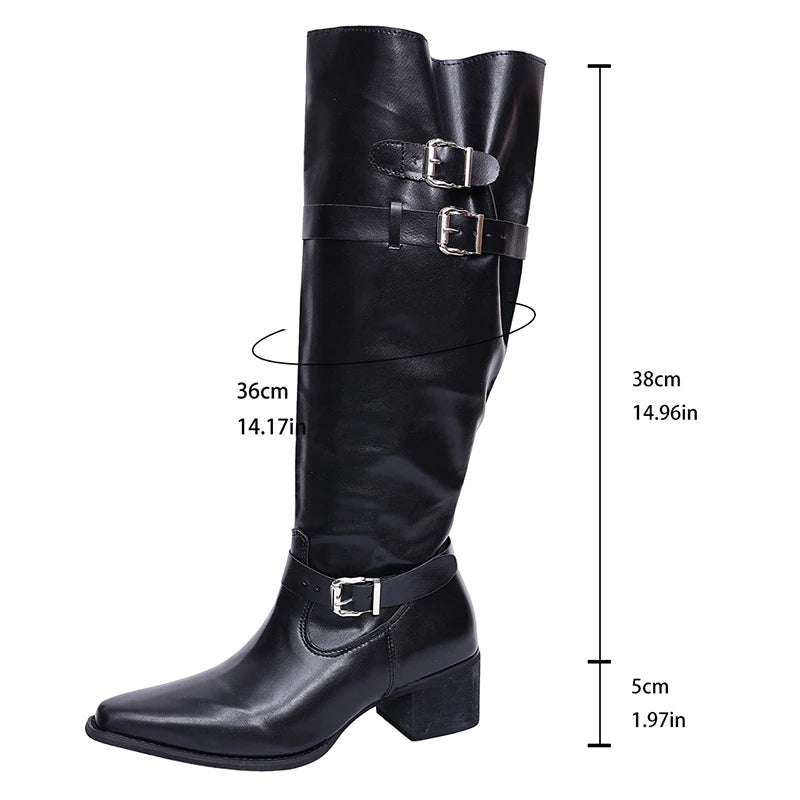 Fashion Faux Suede Knee High Boots Women 2026 Autumn Pointed Toe High Heel Western Boots Woman Chunky Heeled Cowboy Long Botas