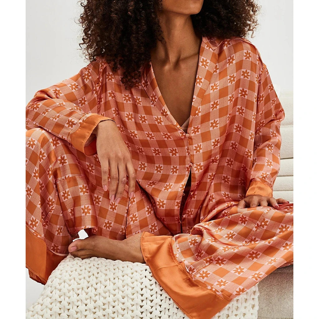 Silk Satin Pajamas Set for Women 2 Piece Floral Loose Pjs Wide Leg Sleep Loungewear Pants with Long Sleeve Button down Shirts
