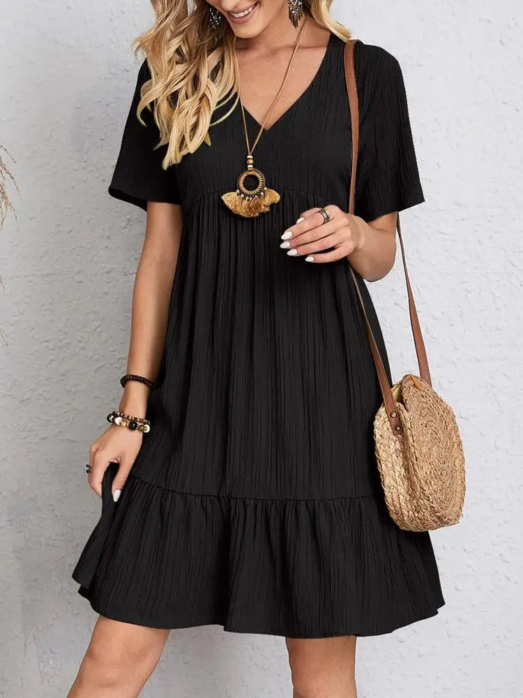 Women Elegant V Neck Ruffles Mini Dress Summer Vintage Solid Loose Sundress Bohemian Casual Solid Beach Party Vestidos 2023