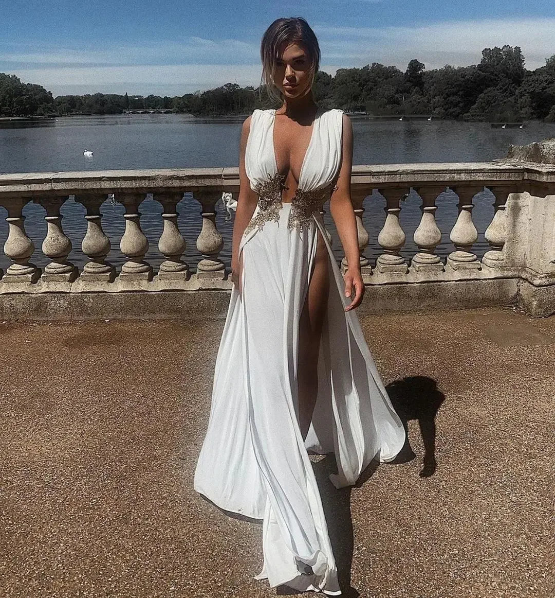 Sexy Club Famous Brand Dress Solid Embroidery V-neck Sleeveless Summer Sexy Celebrity Party Maxi Dress Vestidos