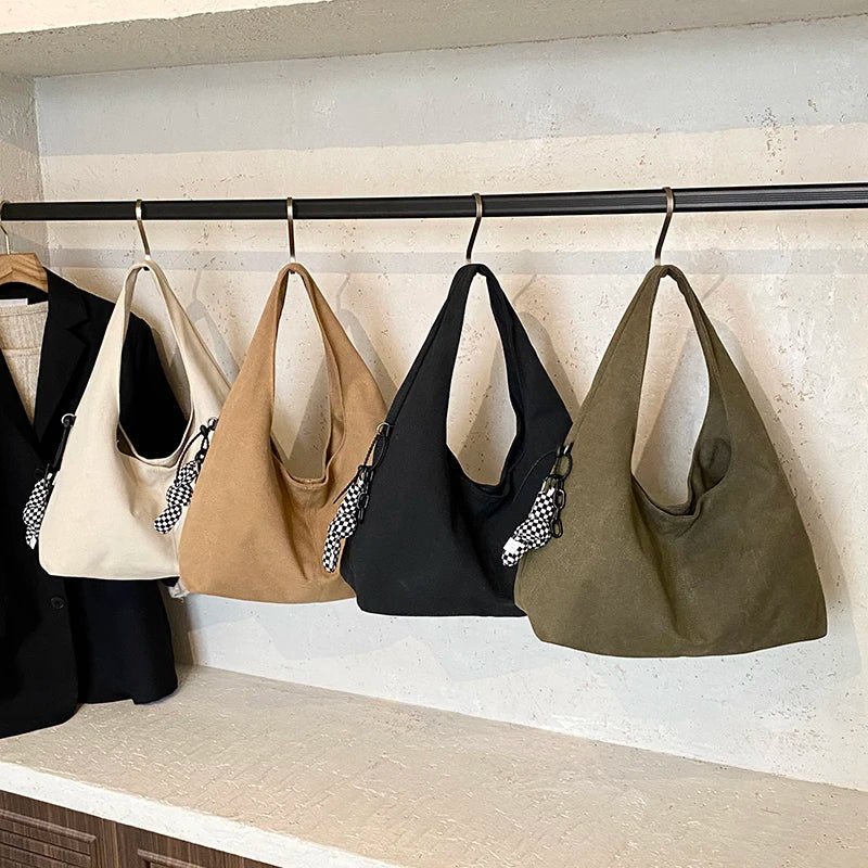 High Quality Big Tote Bags For Women Canvas Fabric Solid Color Large Capacity Underarm Shopper Shoulder Hobo Bag With Pendant