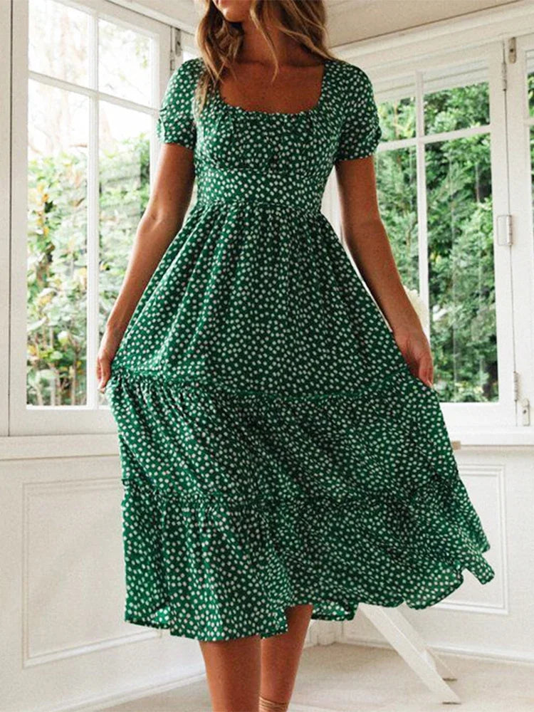 Summer Women's Beach Sweet Dresses Vestidos Vintage Print Puff Sleeve Casual Square Collar Floral Female Maxi Long Dress
