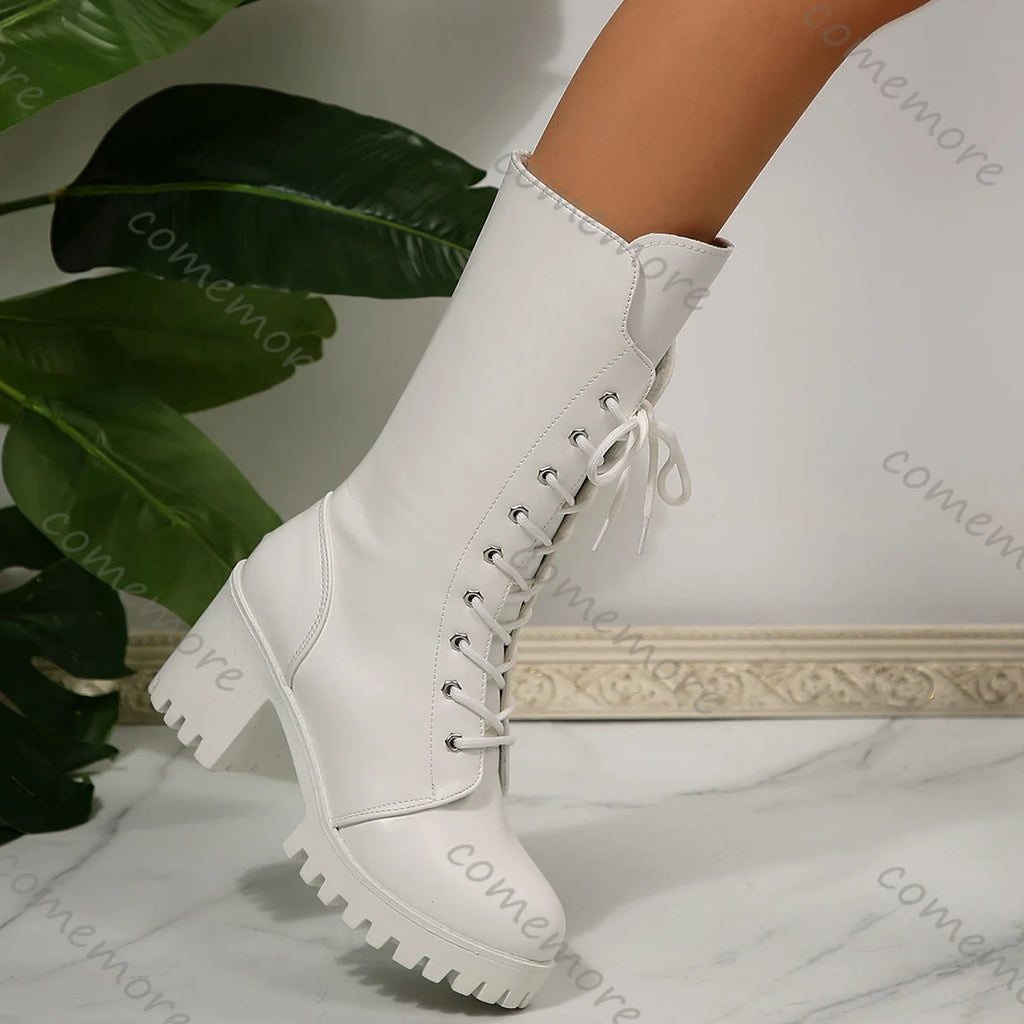 Comemore White Women's Boots New High Heels Lace-up Mid-calf Boots Fashion Platform Shoes Round Head Women's Botas for Autumn