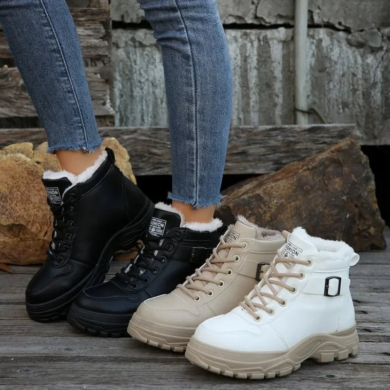 Womens Fashion Winter Snow Boots Warm Fleece Lined Lace Up Chunky Platform Ankle Booties Side Buckle Comfort Daily Walking Shoes